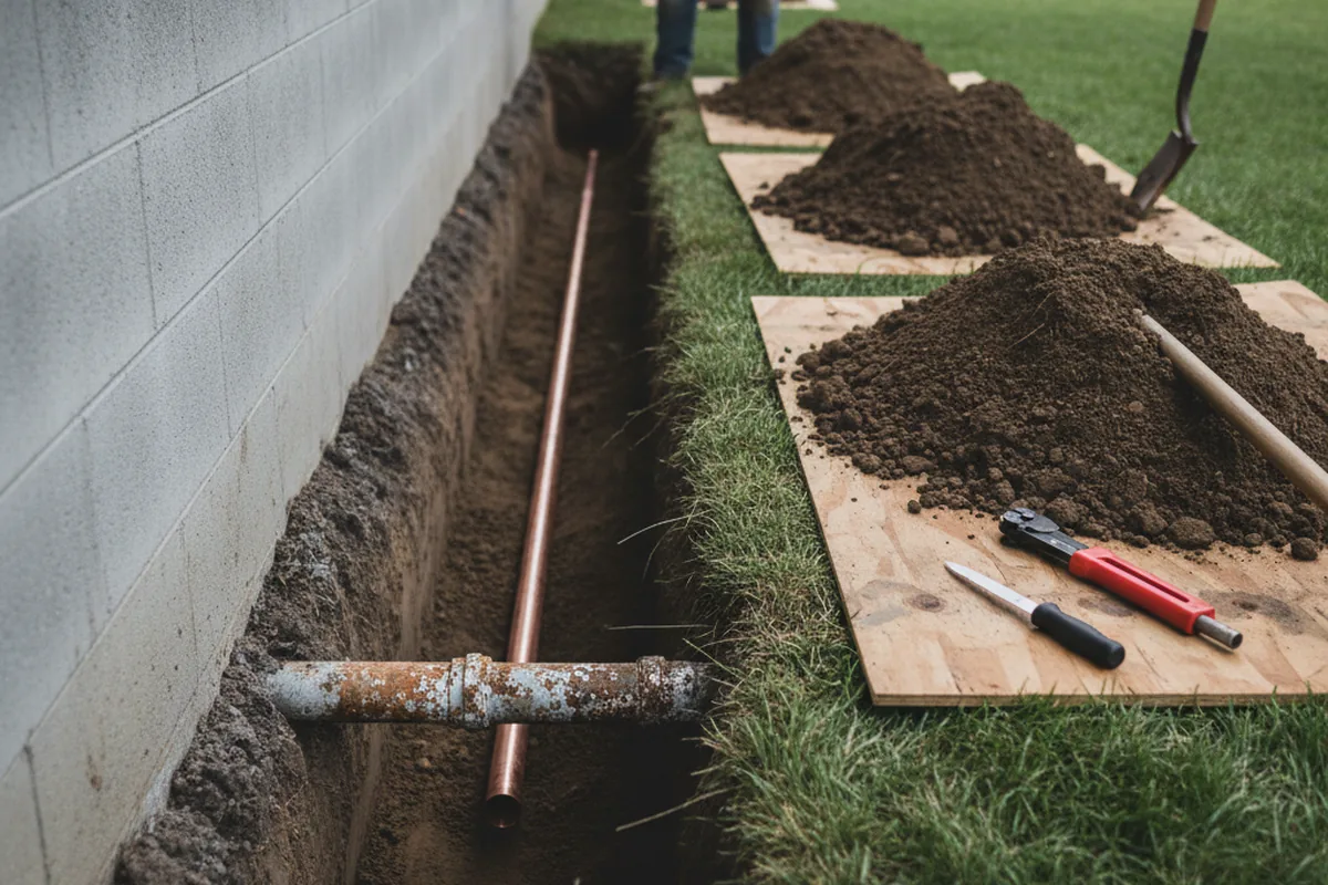 Excavated water line trench during Sewer Line Repair in Foxburg